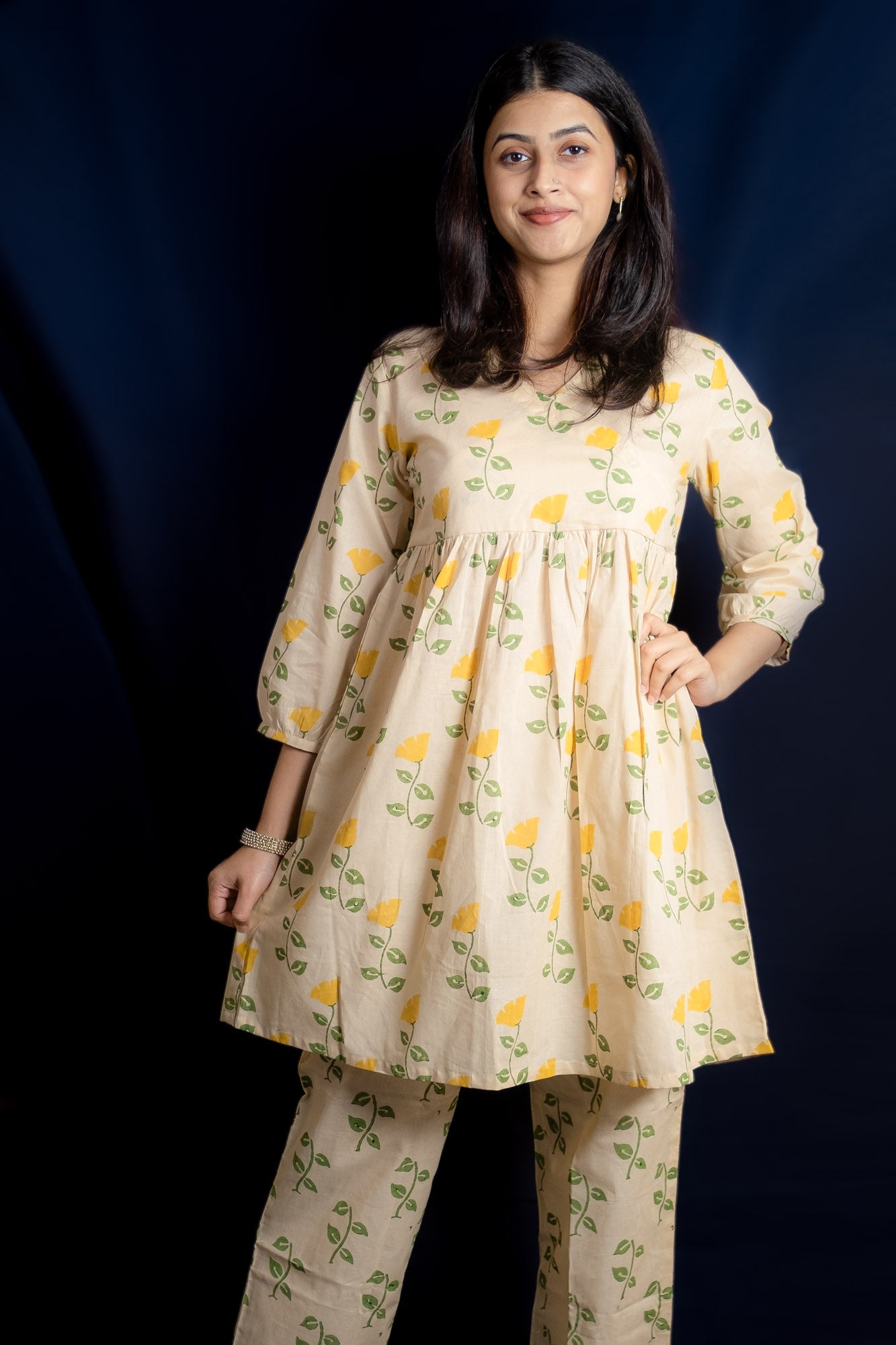 Beige Tulip Block Printed Short Kurti