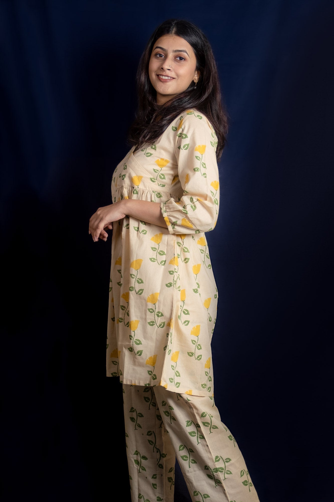 Beige Tulip Block Printed Short Kurti