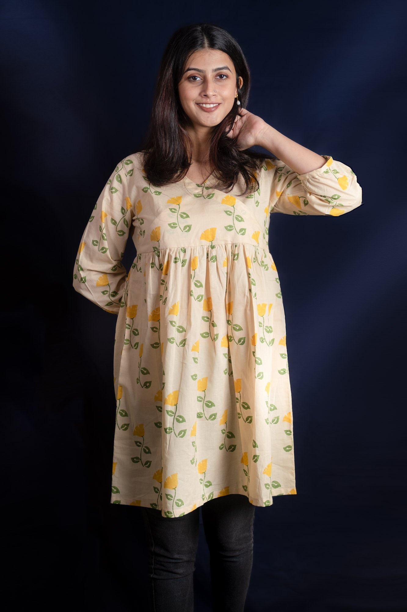 Beige Tulip Block Printed Short Kurti