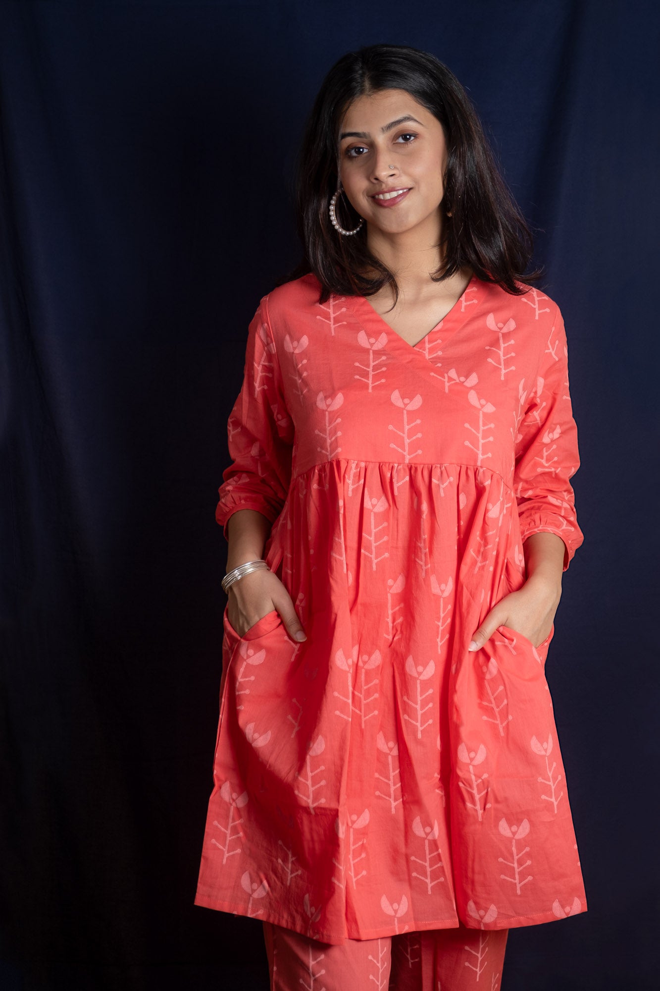 Peach Geometric Block Printed Short Kurti