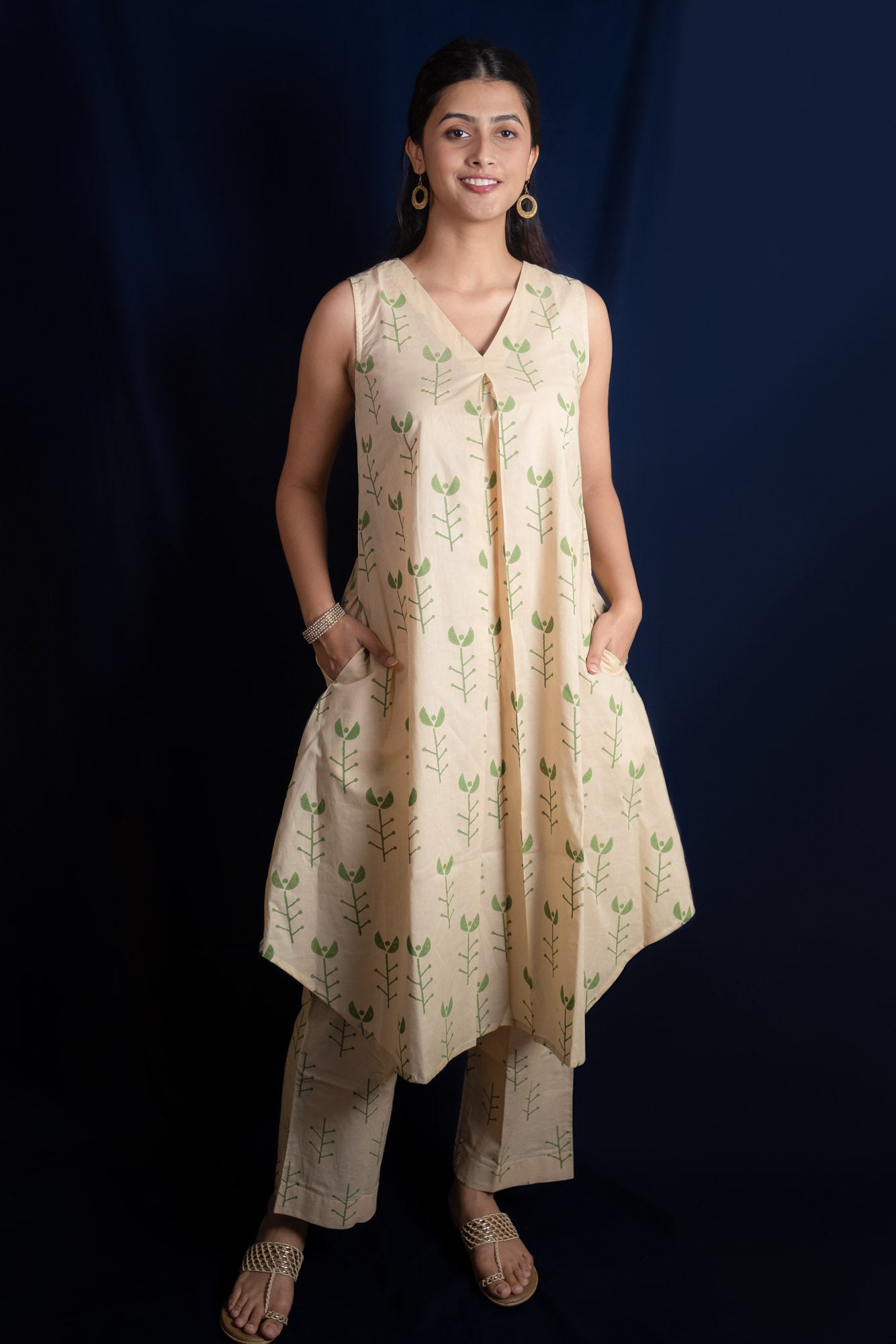 Beige Geometric Block Printed Long Kurti Set