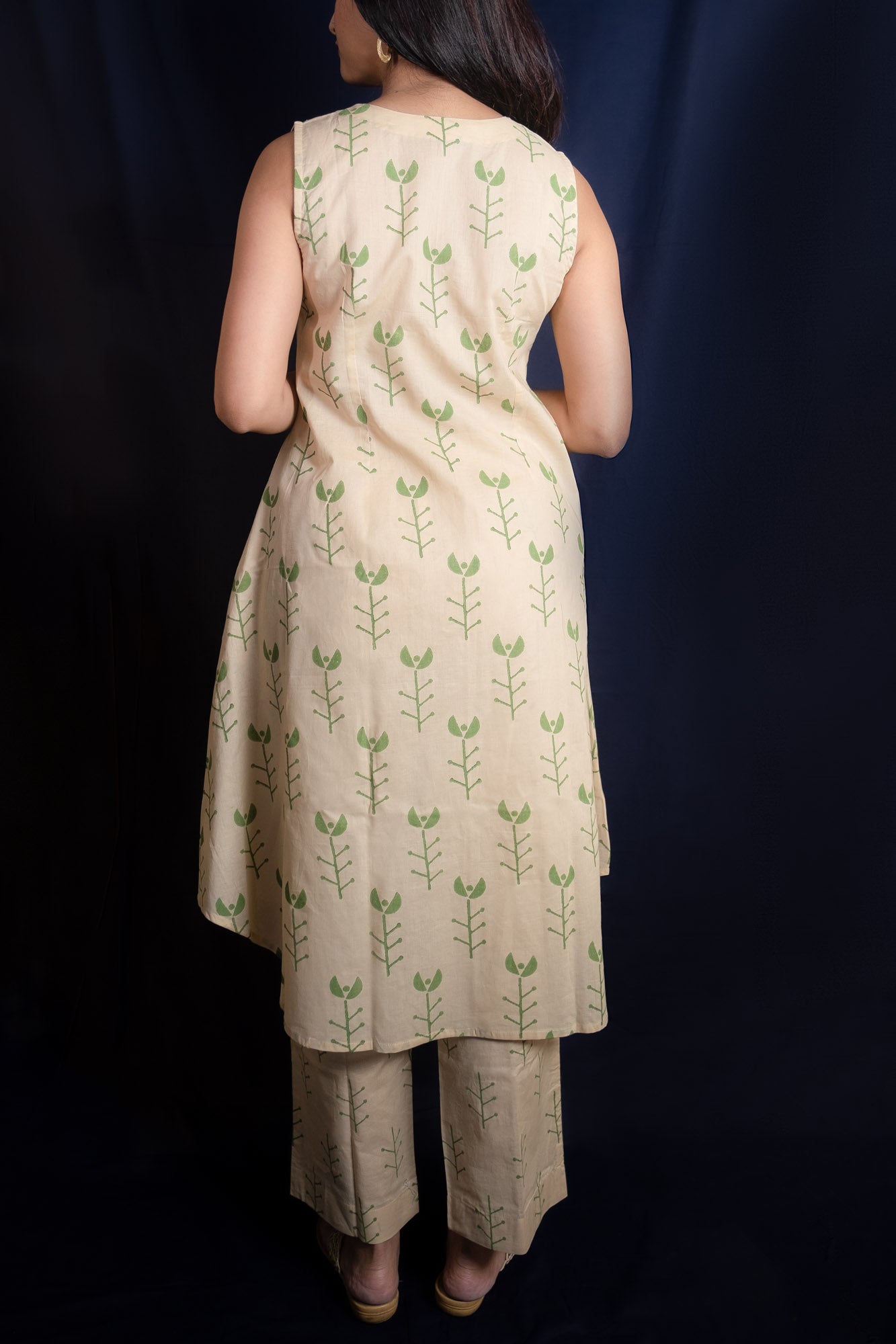 Beige Geometric Block Printed Long Kurti Set