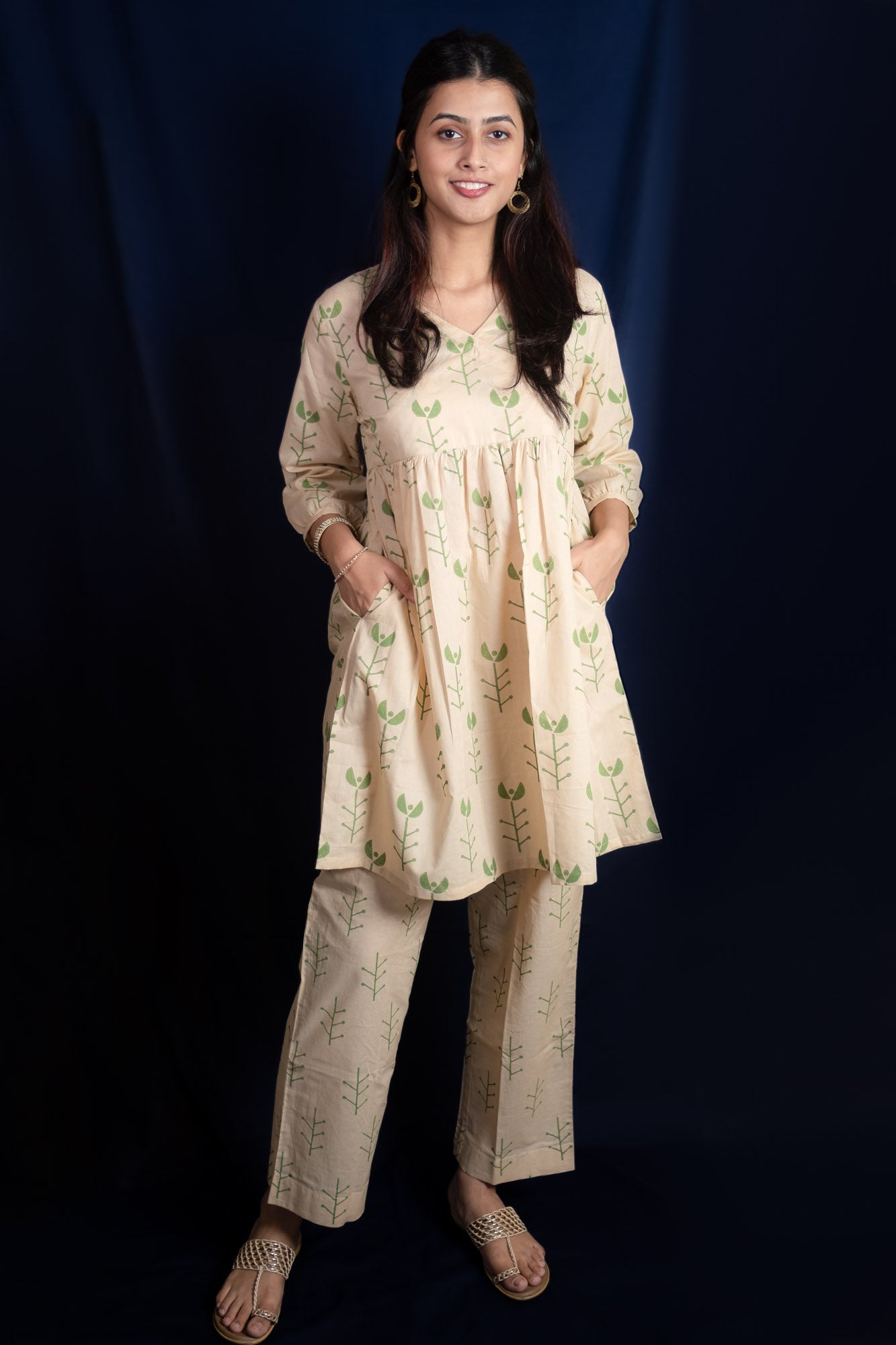 Beige Geometric Block Printed Short Kurti