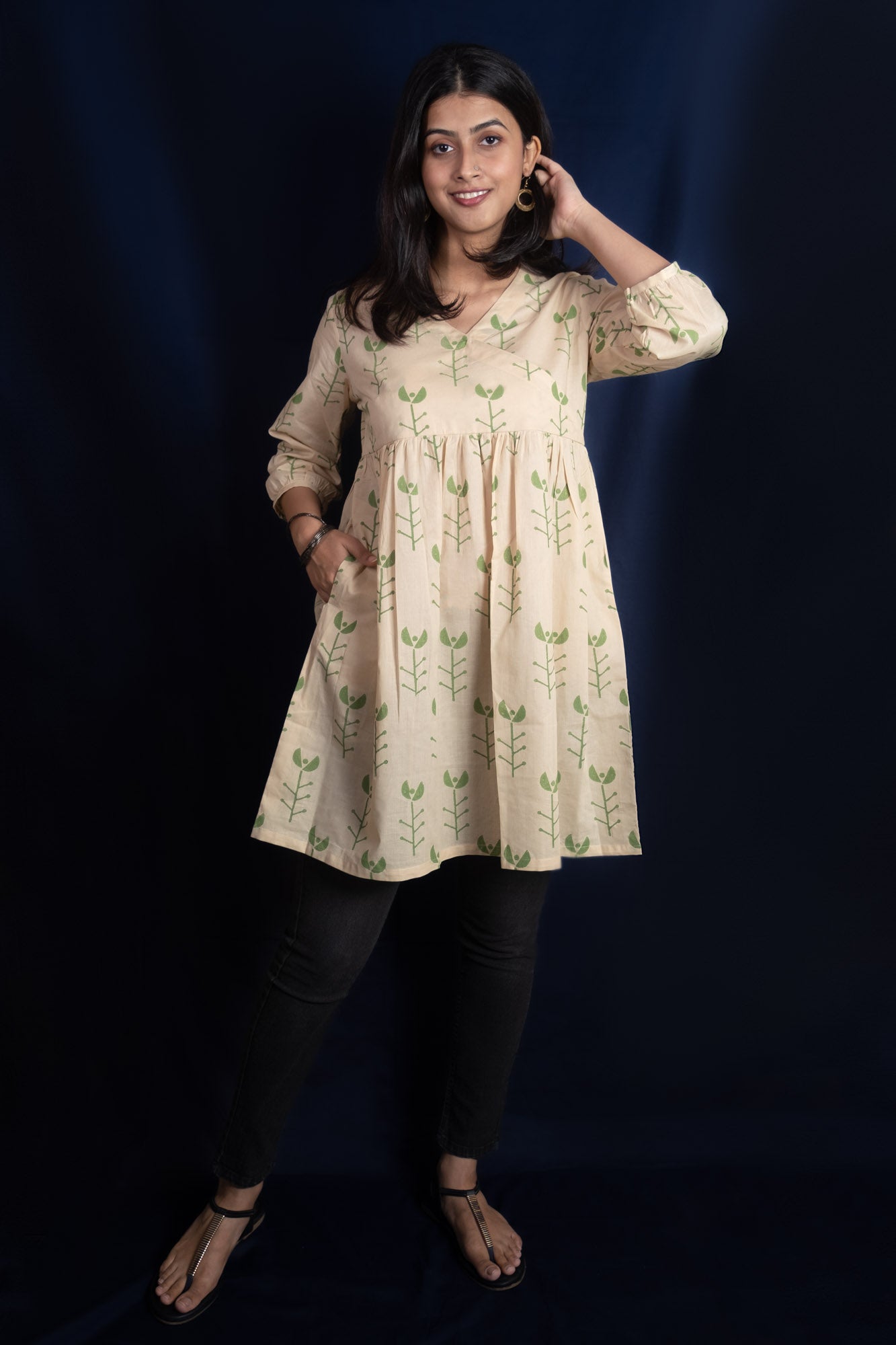 Beige Geometric Block Printed Short Kurti