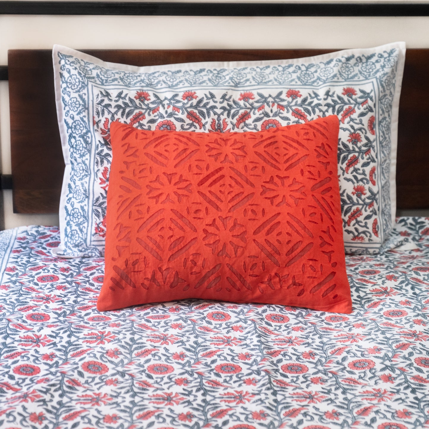 Red floral hand block printed bedsheet