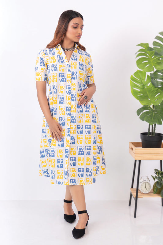 Yellow & Blue Block Printed Dress