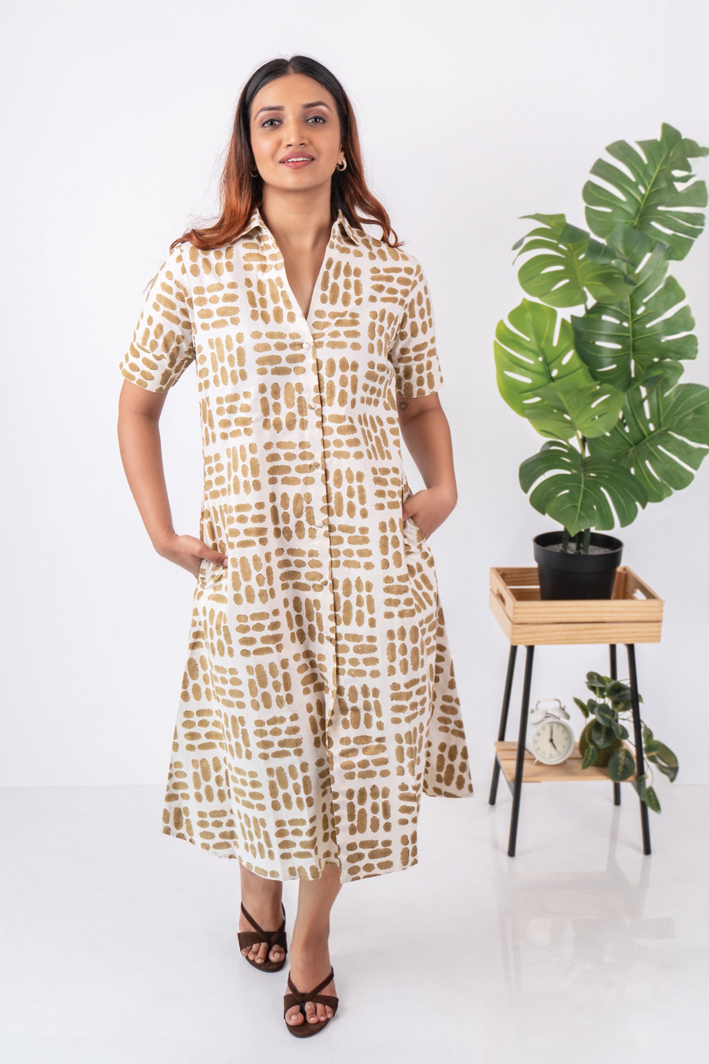 Geometric Brown Block Printed Dress