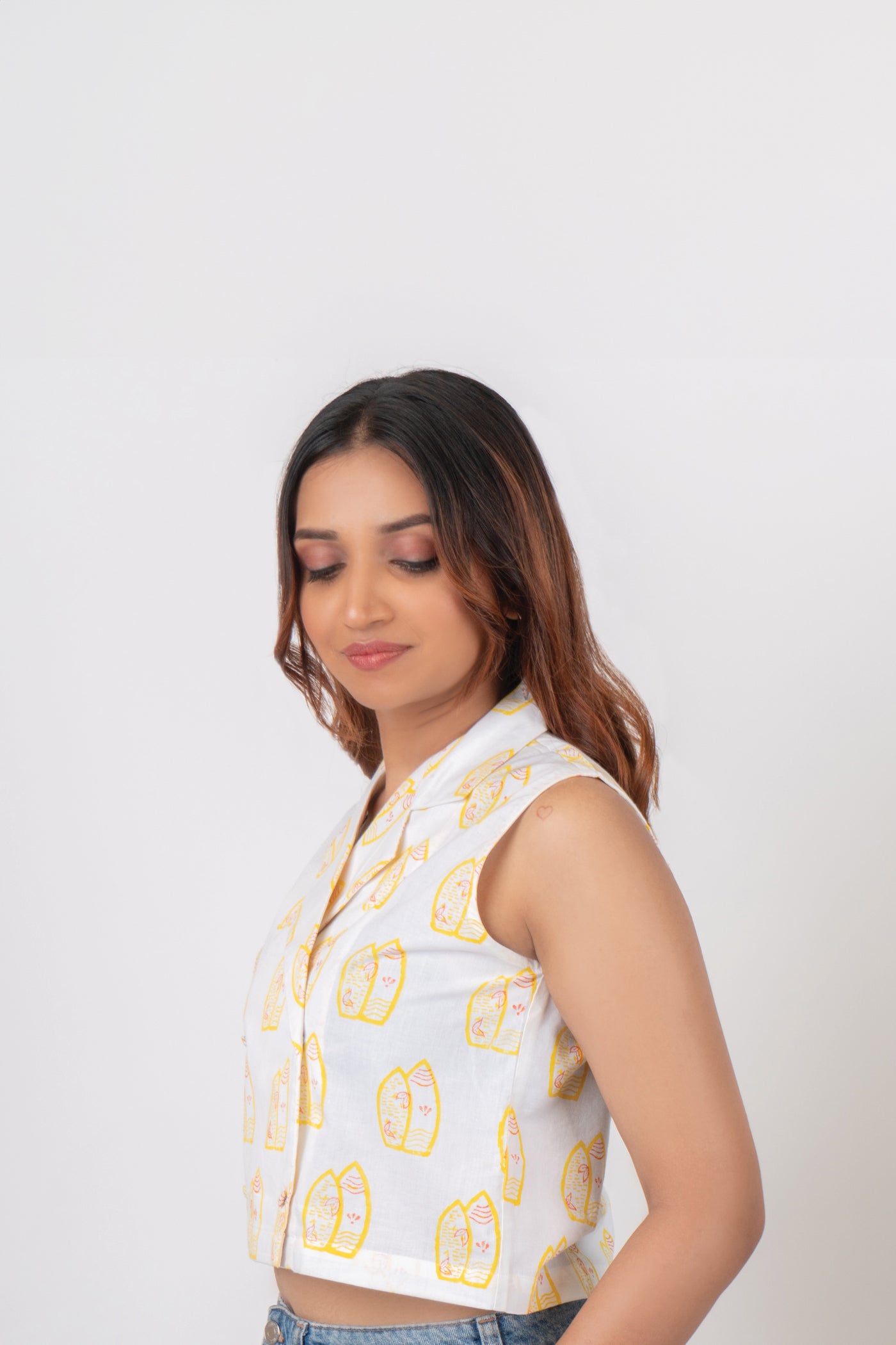 White Surfboard Block Printed Crop Top