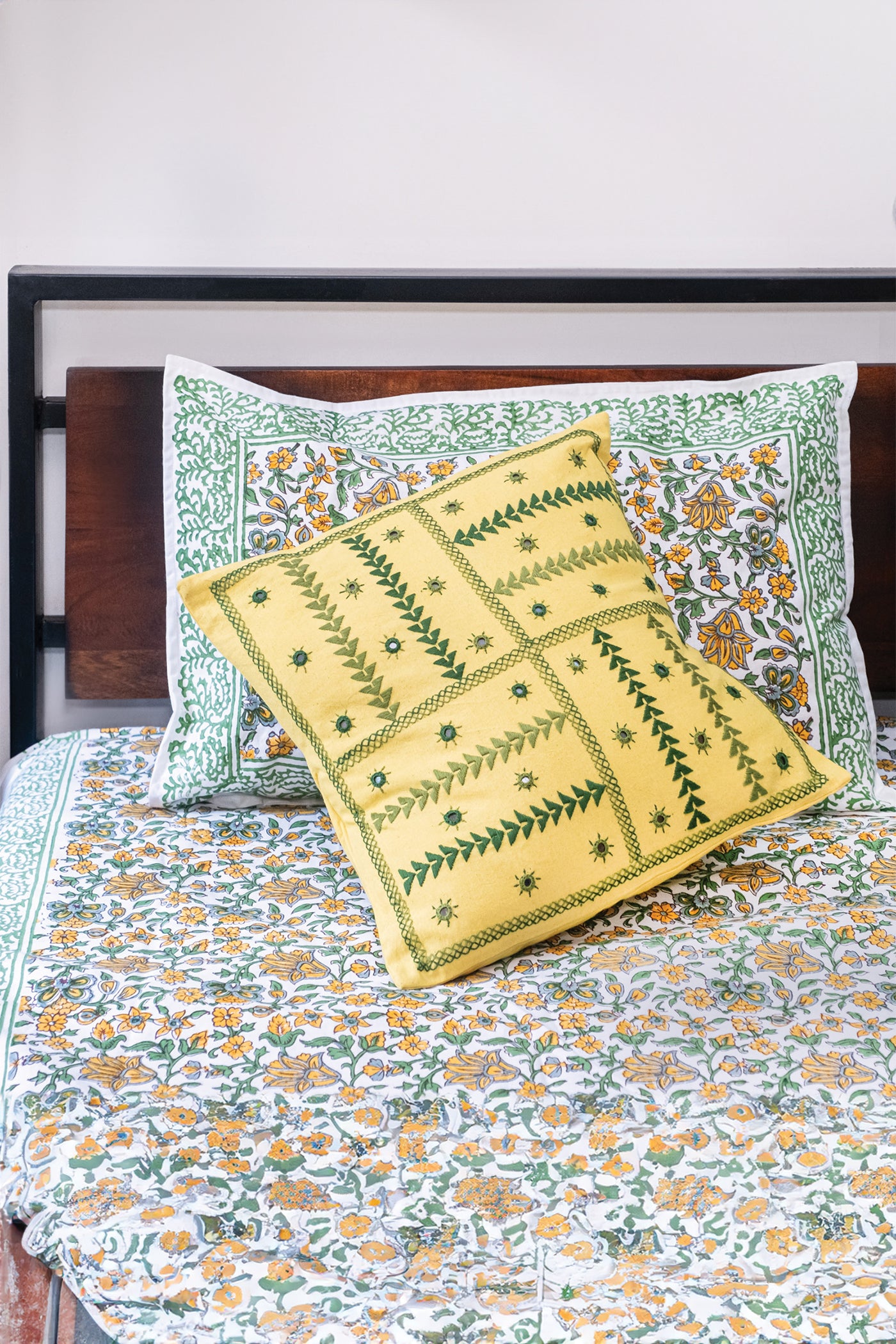 Yellow Floral hand block printed bedsheet