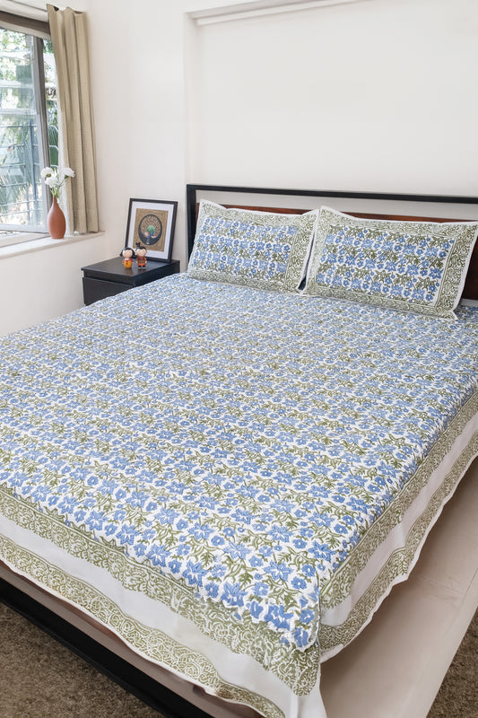 Blue and green hand block printed bedsheet